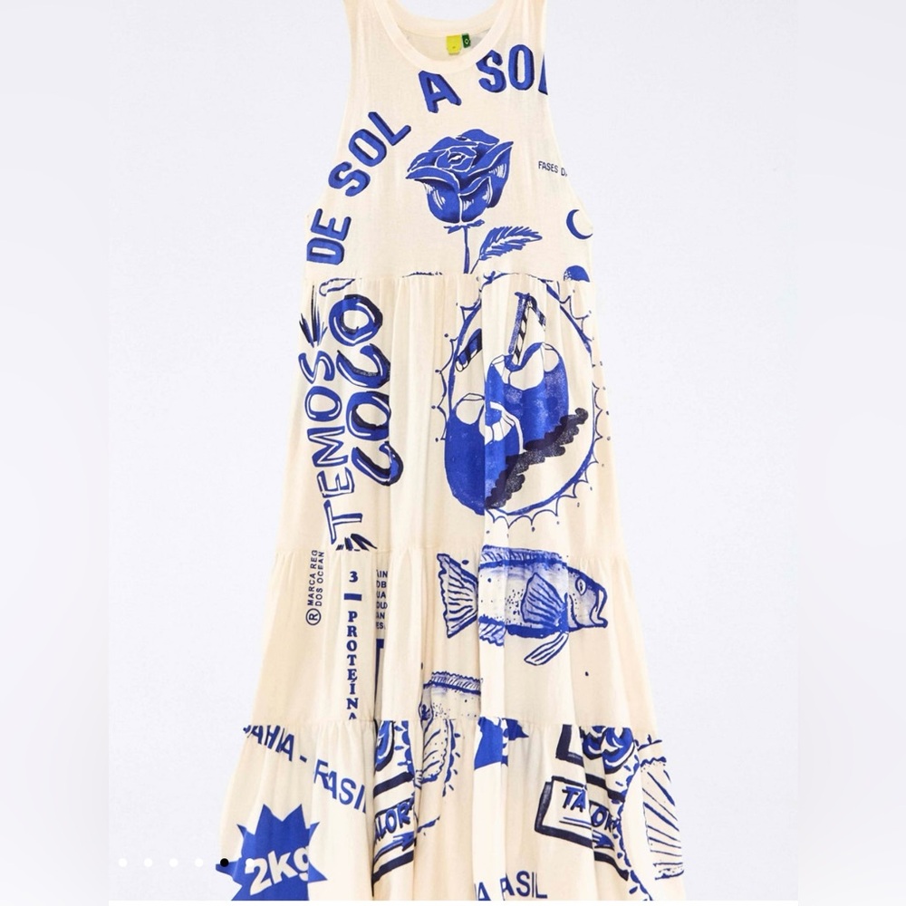 NWT Farm Rio Blue Maxi Dress - White Rainha Das Aguas T Shirt Maxi Dress - Picture 6 of 16